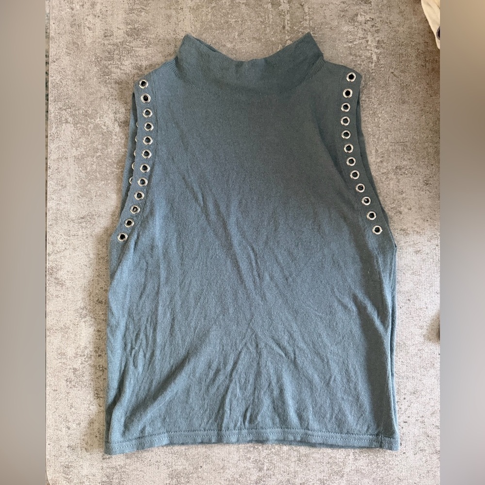 Zara Slate Blue Sleeveless Mock Neck Tank with Eyelet Trim